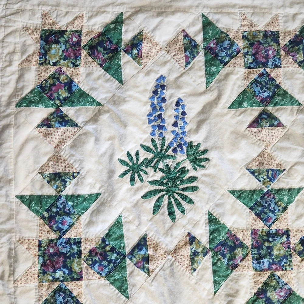 Vtg LL Bean Freeport Maine Botanical Block Applique Patchwork Quilt 62 X 80